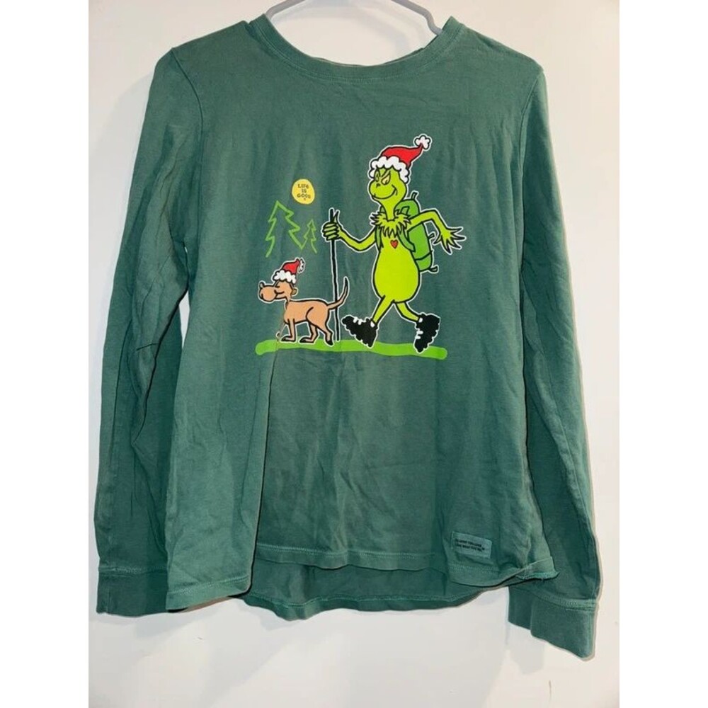 Women’s Green Life Is Good Grinch Long Sleeve Shirt-Size Medium
